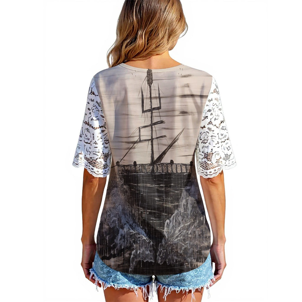 All-Over Print Women's Lace Sleeve Shirt