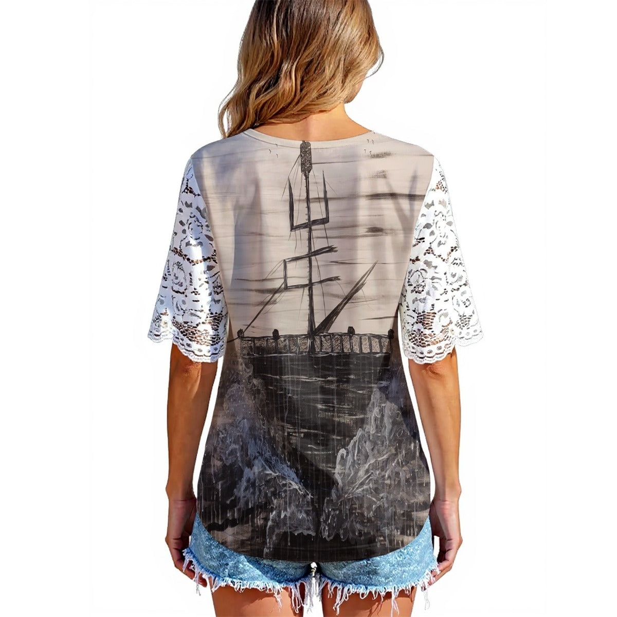 All-Over Print Women's Lace Sleeve Shirt
