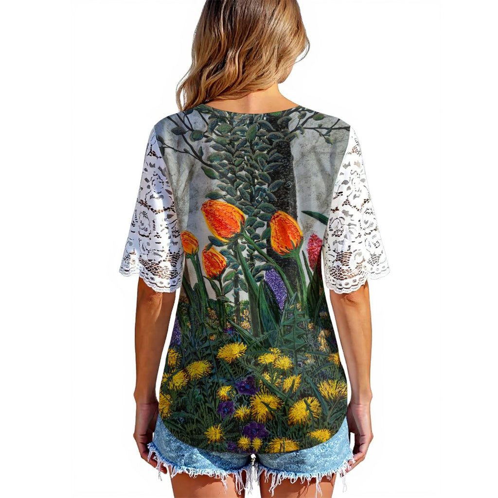 "Spring Promise" All-Over Print Women's Lace Sleeve Shirt
